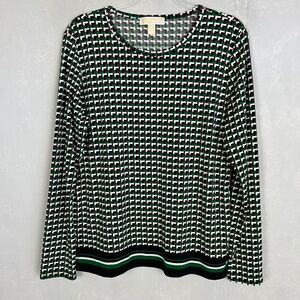 Michael Kors women size XL long sleeve top brown green geometric stretch jersey